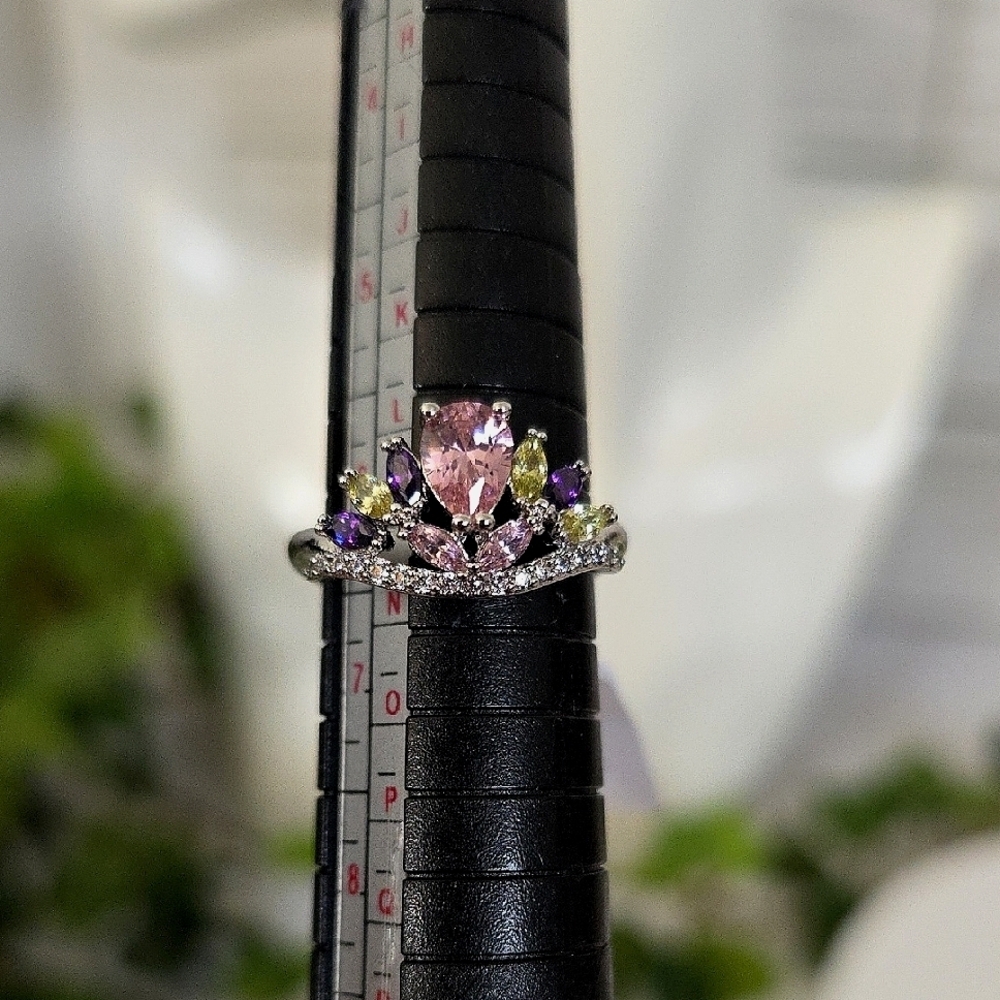 Pretty Silver White Gold Filled Ring Pink Purple Stones - Picture 3 of 10